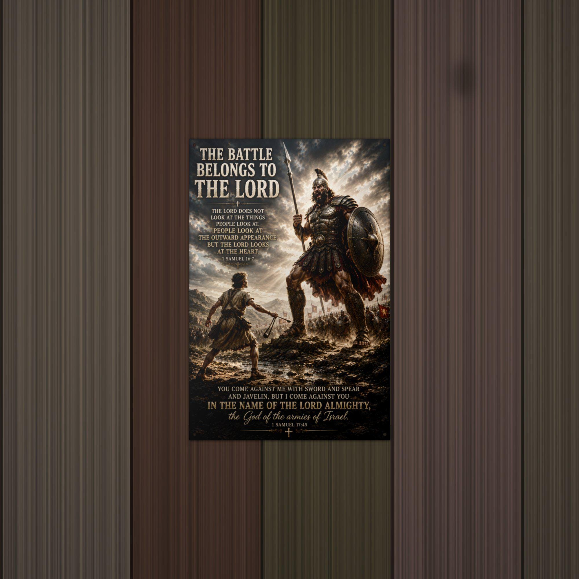 The Battle Belongs to the Lord Christian Meta Aluminum Sign — detail view