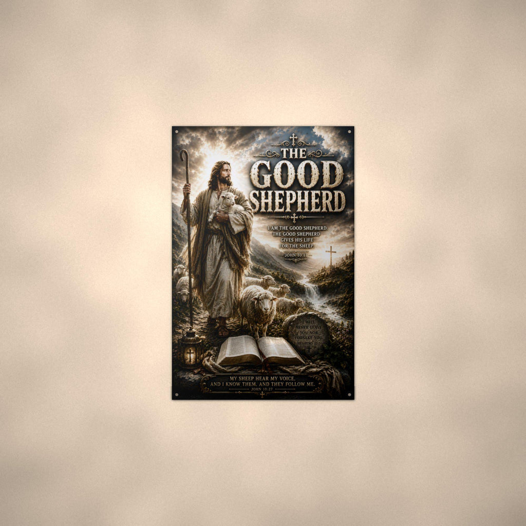The Good Shepherd Christian Metal Sign Aluminum Sign — lifestyle setting