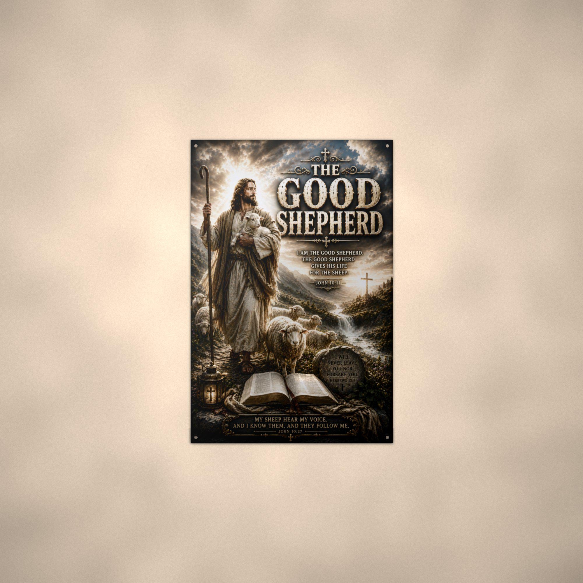 The Good Shepherd Christian Metal Sign Aluminum Sign — lifestyle setting