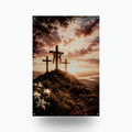 Three Crosses Sunset Christian Metal Sign Aluminum Sign — front view on white background