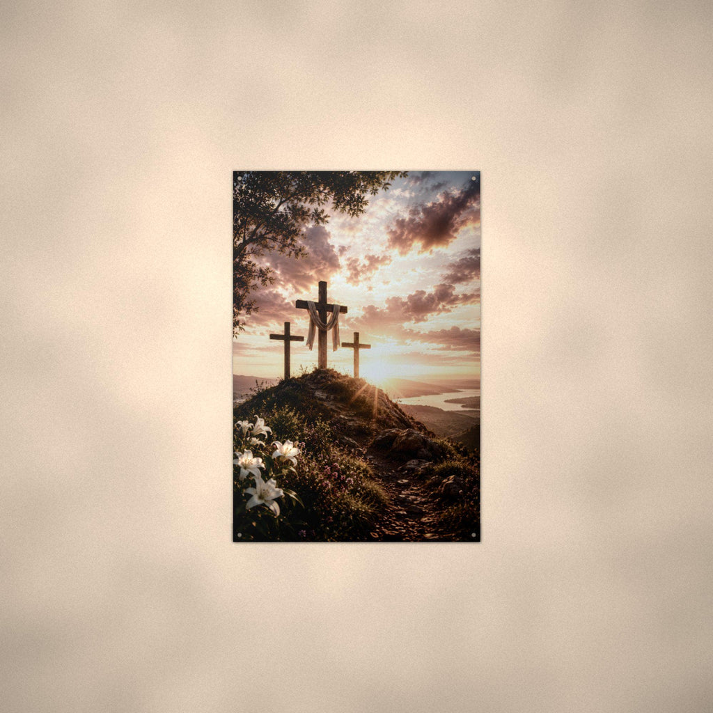 Three Crosses Sunset Christian Metal Sign Aluminum Sign — lifestyle setting