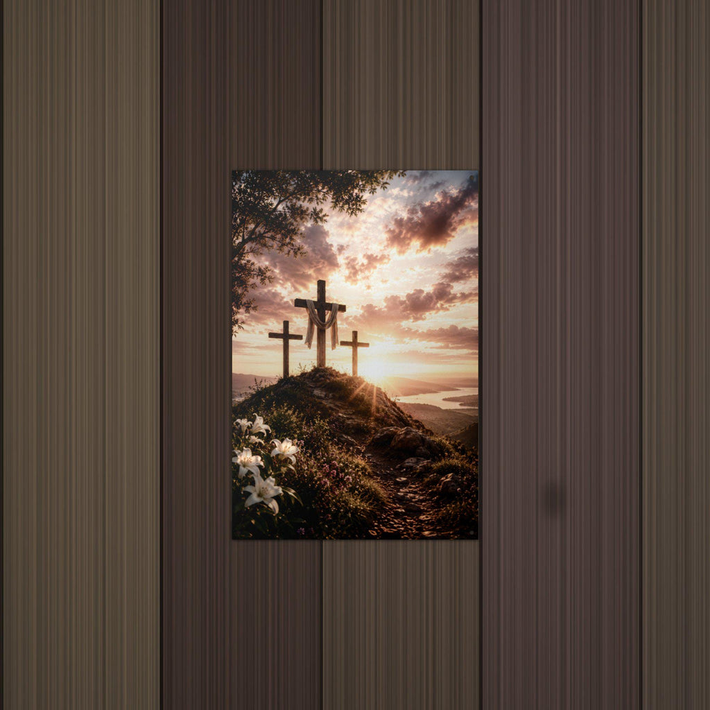 Three Crosses Sunset Christian Metal Sign Aluminum Sign — detail view