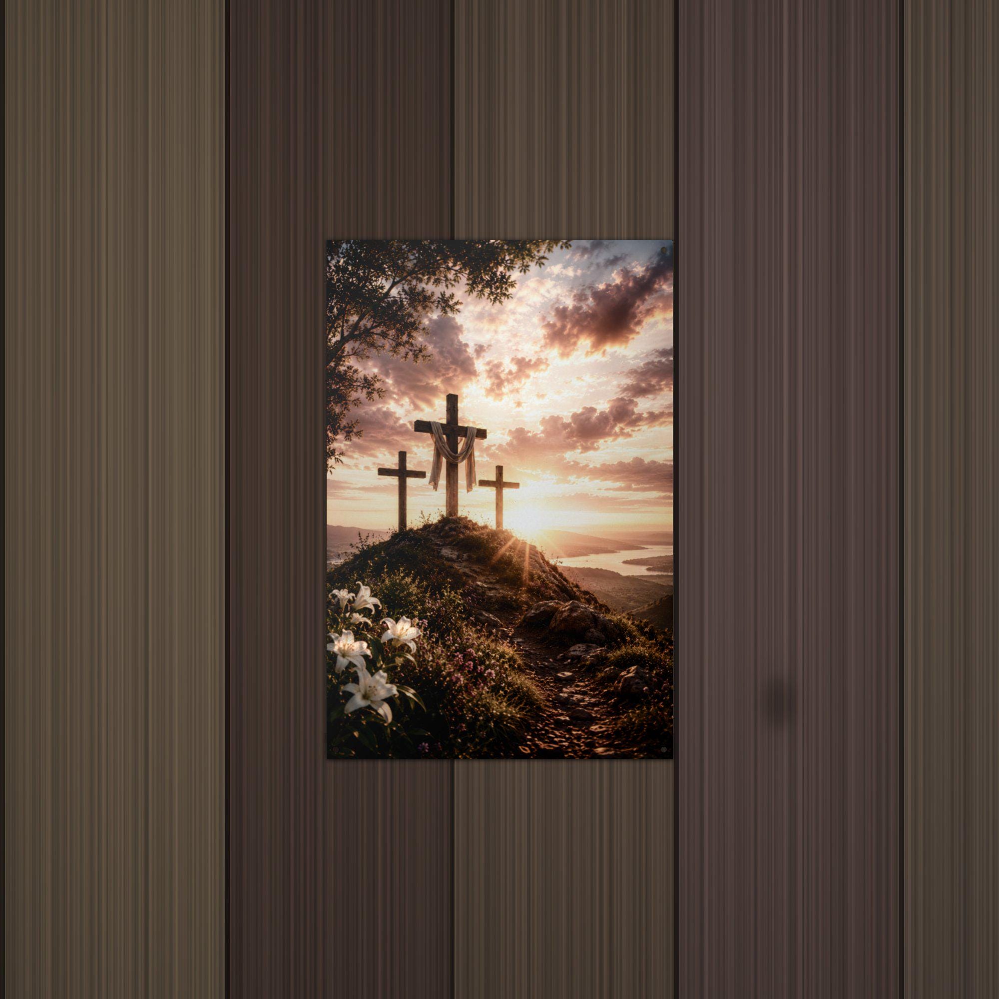 Three Crosses Sunset Christian Metal Sign Aluminum Sign — detail view