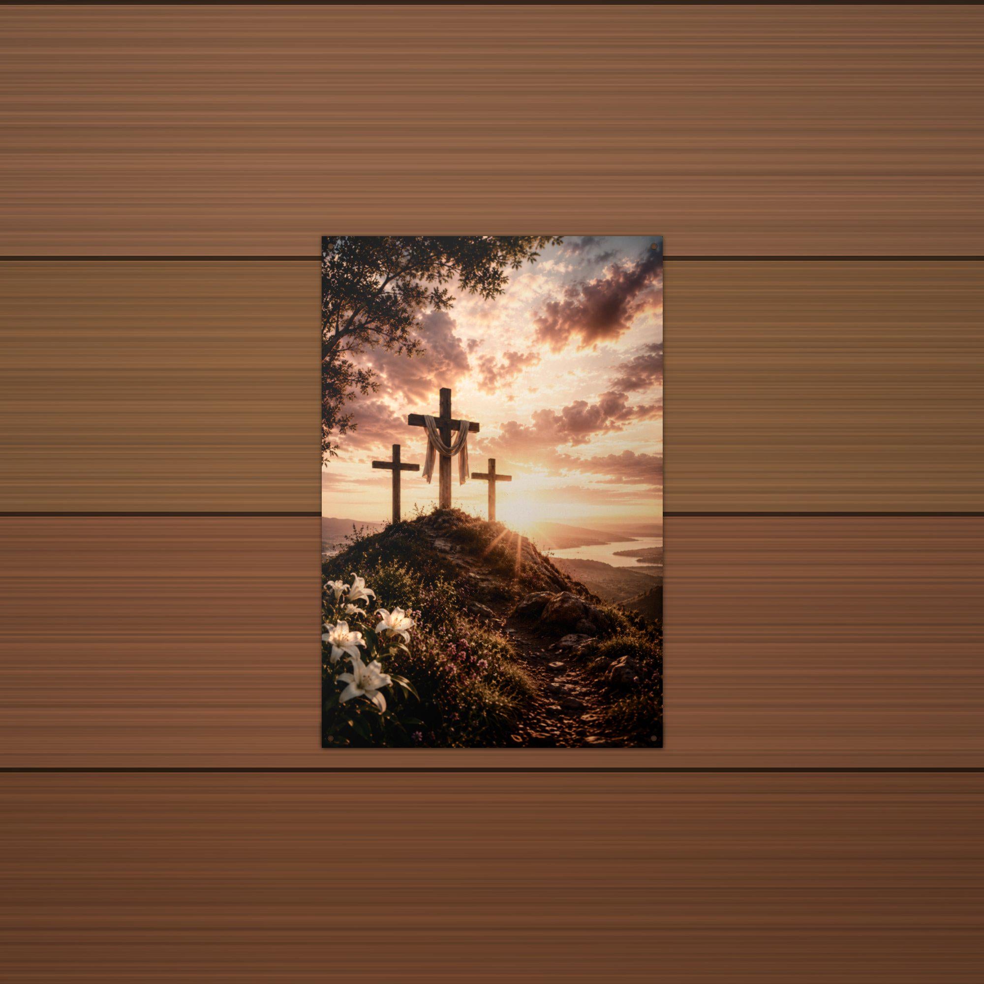 Three Crosses Sunset Christian Metal Sign Aluminum Sign — alternate angle