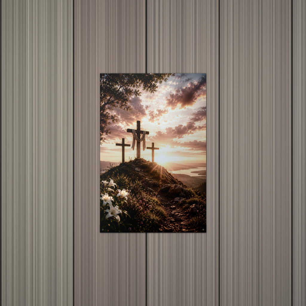 Three Crosses Sunset Christian Metal Sign Aluminum Sign — alternate angle