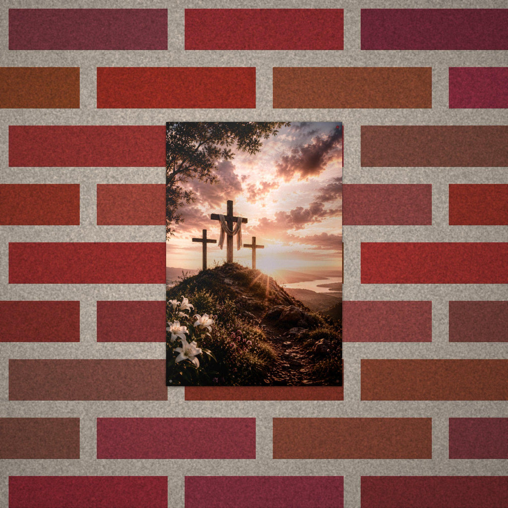 Three Crosses Sunset Christian Metal Sign Aluminum Sign — alternate angle