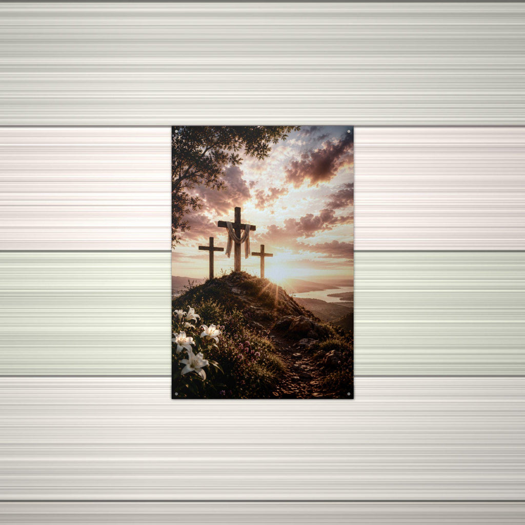 Three Crosses Sunset Christian Metal Sign Aluminum Sign — alternate angle
