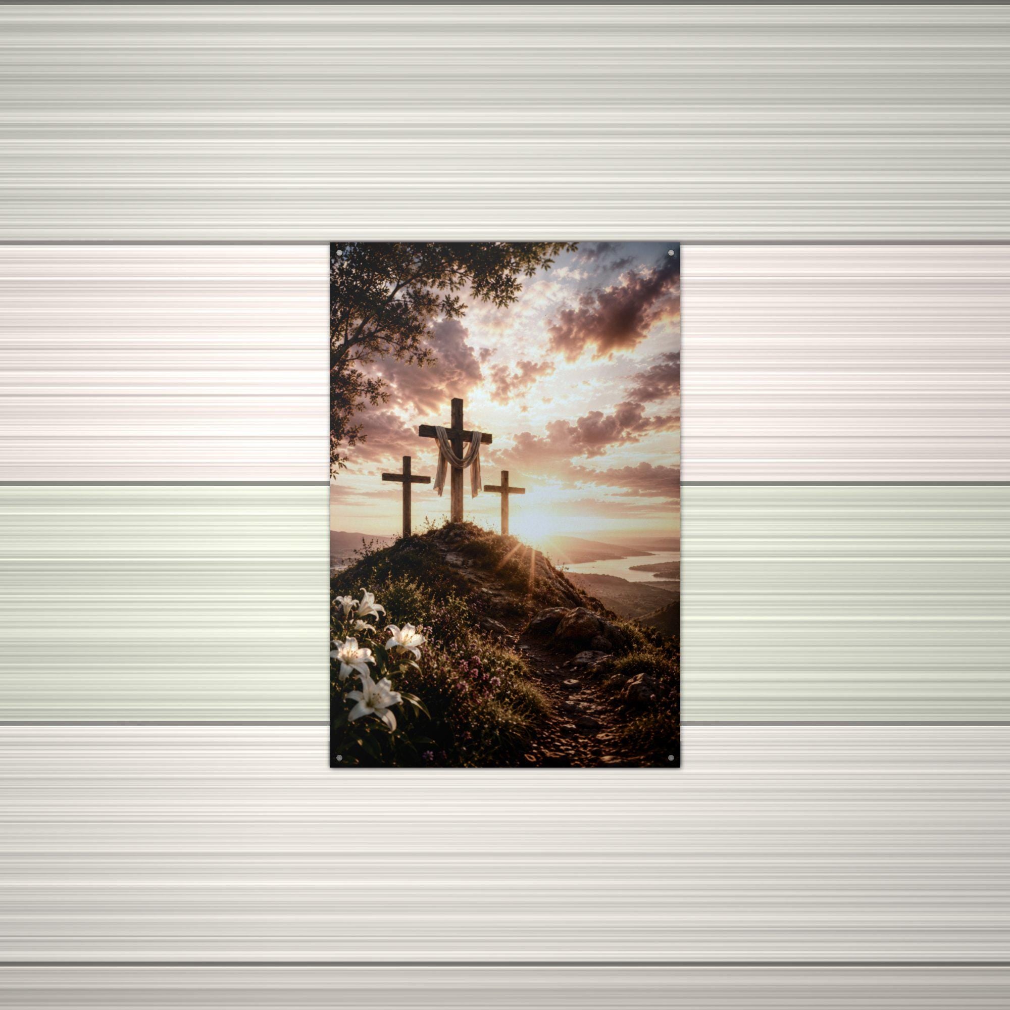 Three Crosses Sunset Christian Metal Sign Aluminum Sign — alternate angle