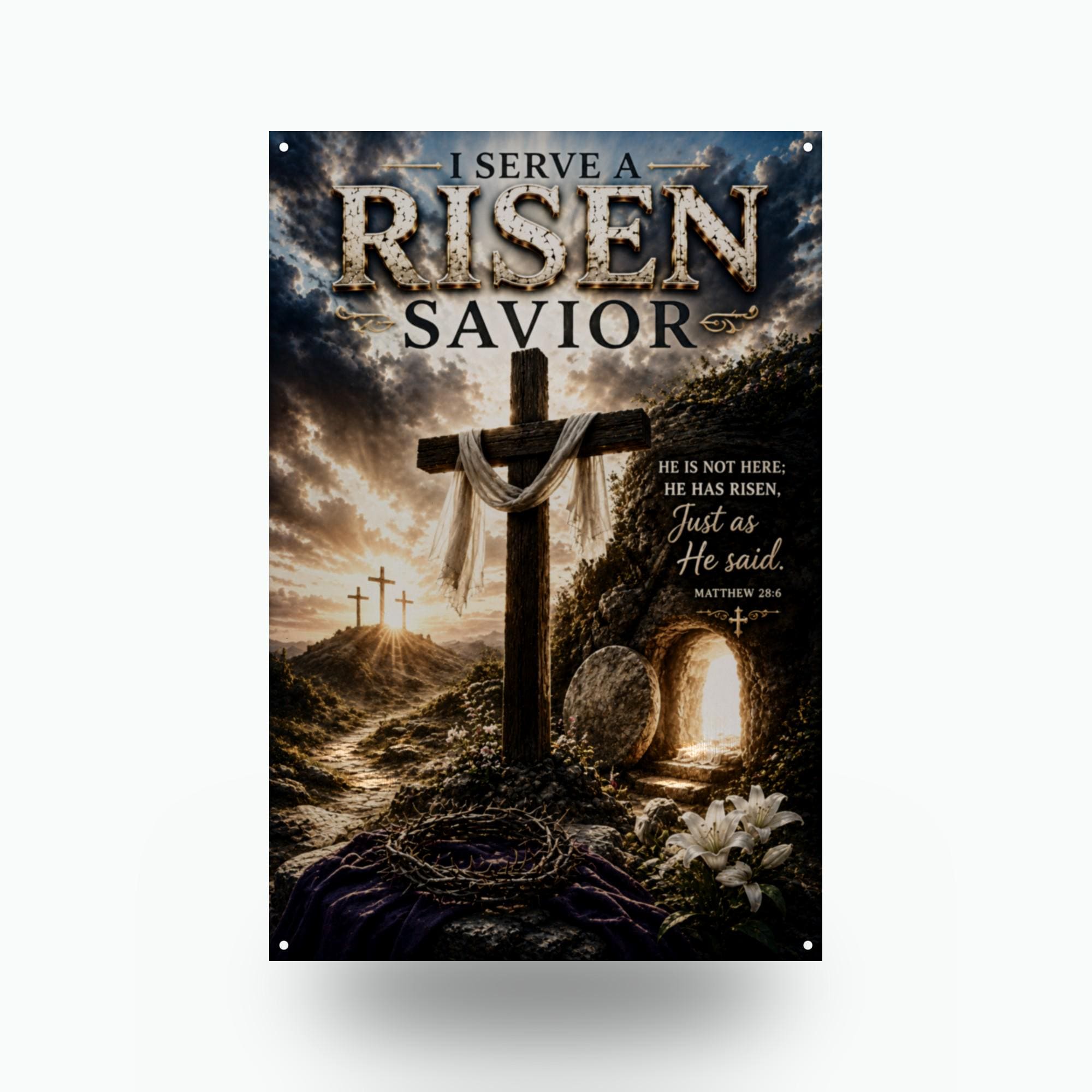 Risen Savior Christian Metal Sign Aluminum Sign — front view on white background
