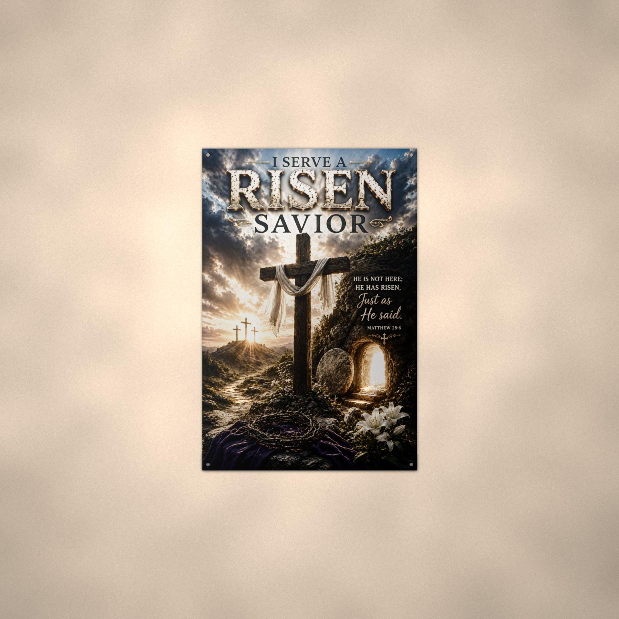 Risen Savior Christian Metal Sign Aluminum Sign — lifestyle setting