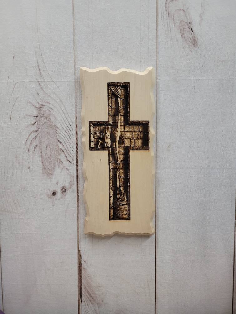 Hope Well Cross Christian Wood Sign Wood Sign — shown on a rustic wall
