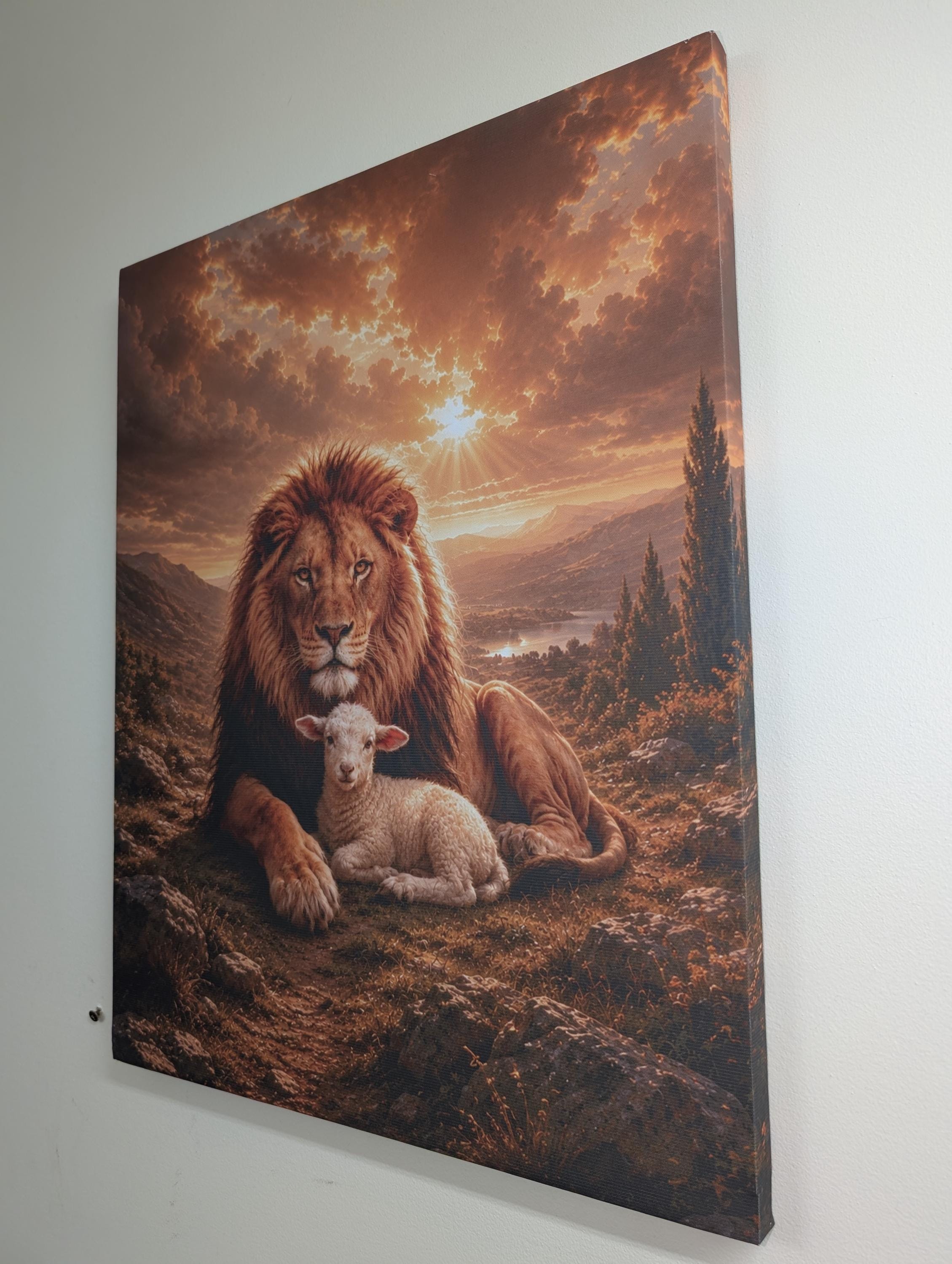Lion and the Lamb Canvas Print Canvas Print — shown on a rustic wall