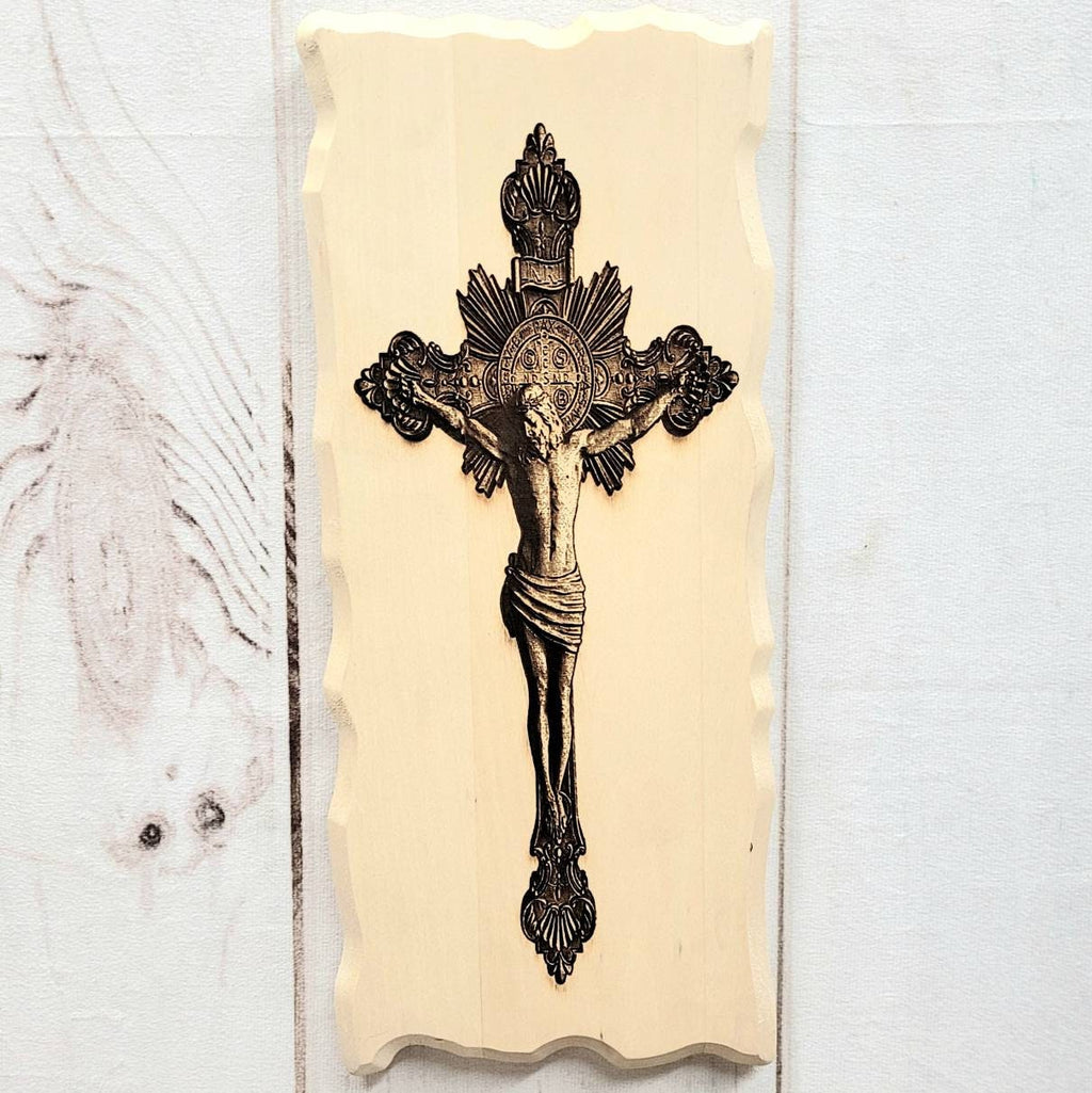 Jesus on Cross Christian Wood Sign Wood Sign — front view on white background
