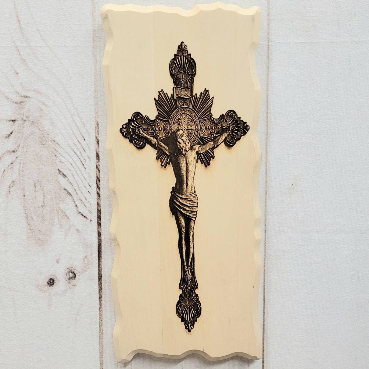 Jesus on Cross Christian Wood Sign Wood Sign — shown on a rustic wall