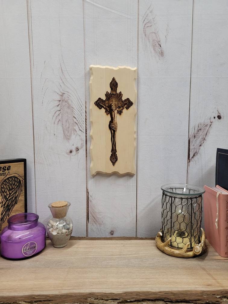 Jesus on Cross Christian Wood Sign Wood Sign — lifestyle setting