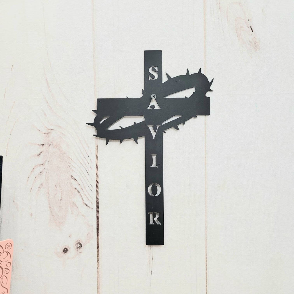 Crucifix Cross Christian Metal Sign Aluminum Sign — front view on white background