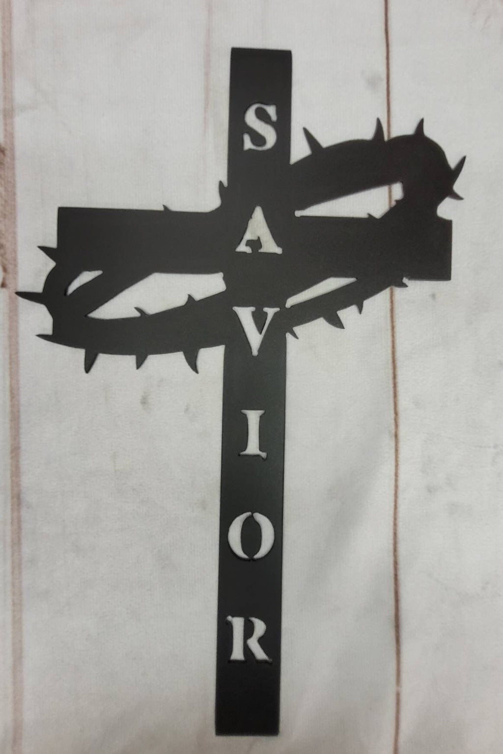 Crucifix Cross Christian Metal Sign Aluminum Sign — shown on a rustic wall