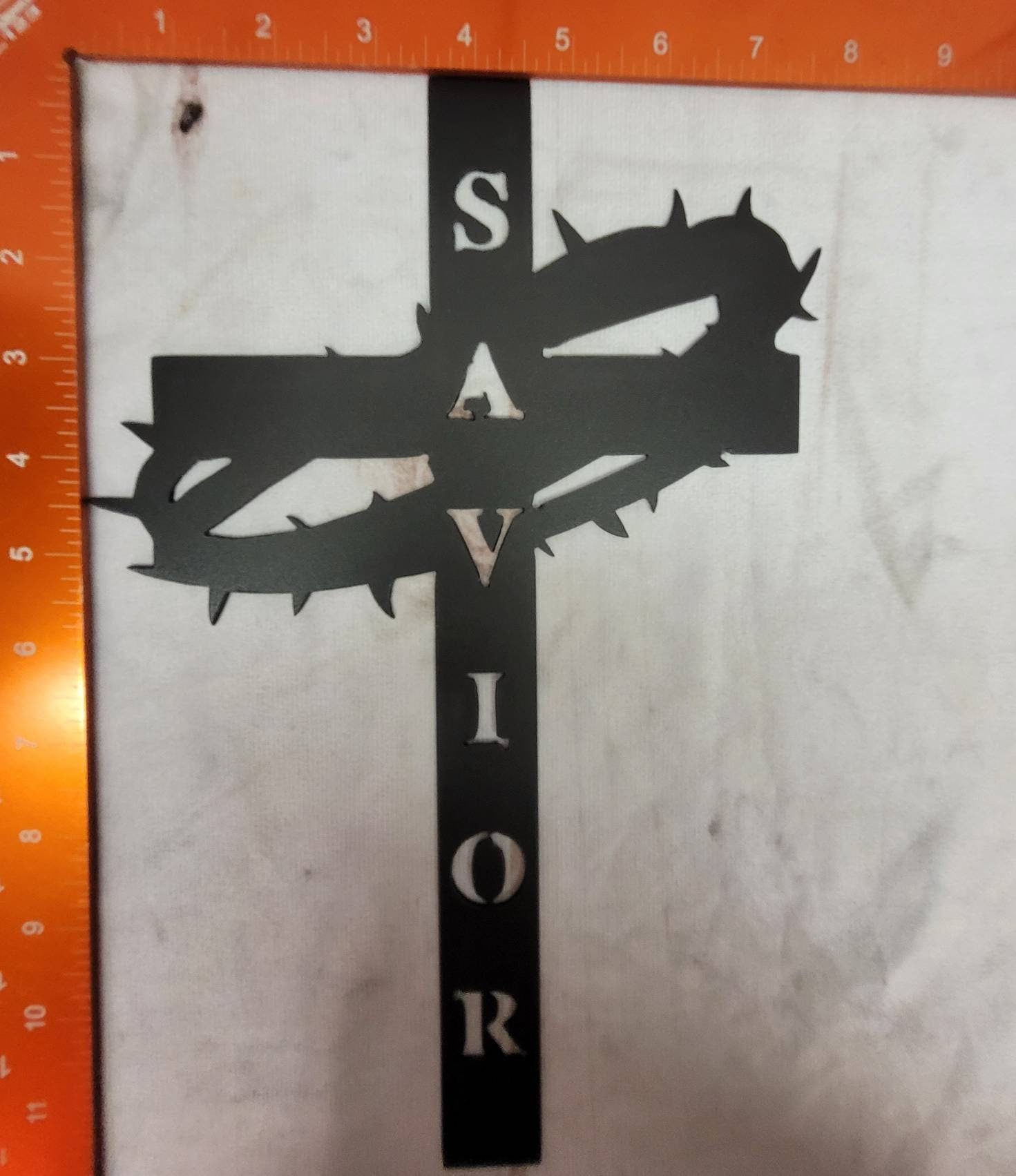 Crucifix Cross Christian Metal Sign Aluminum Sign — lifestyle setting