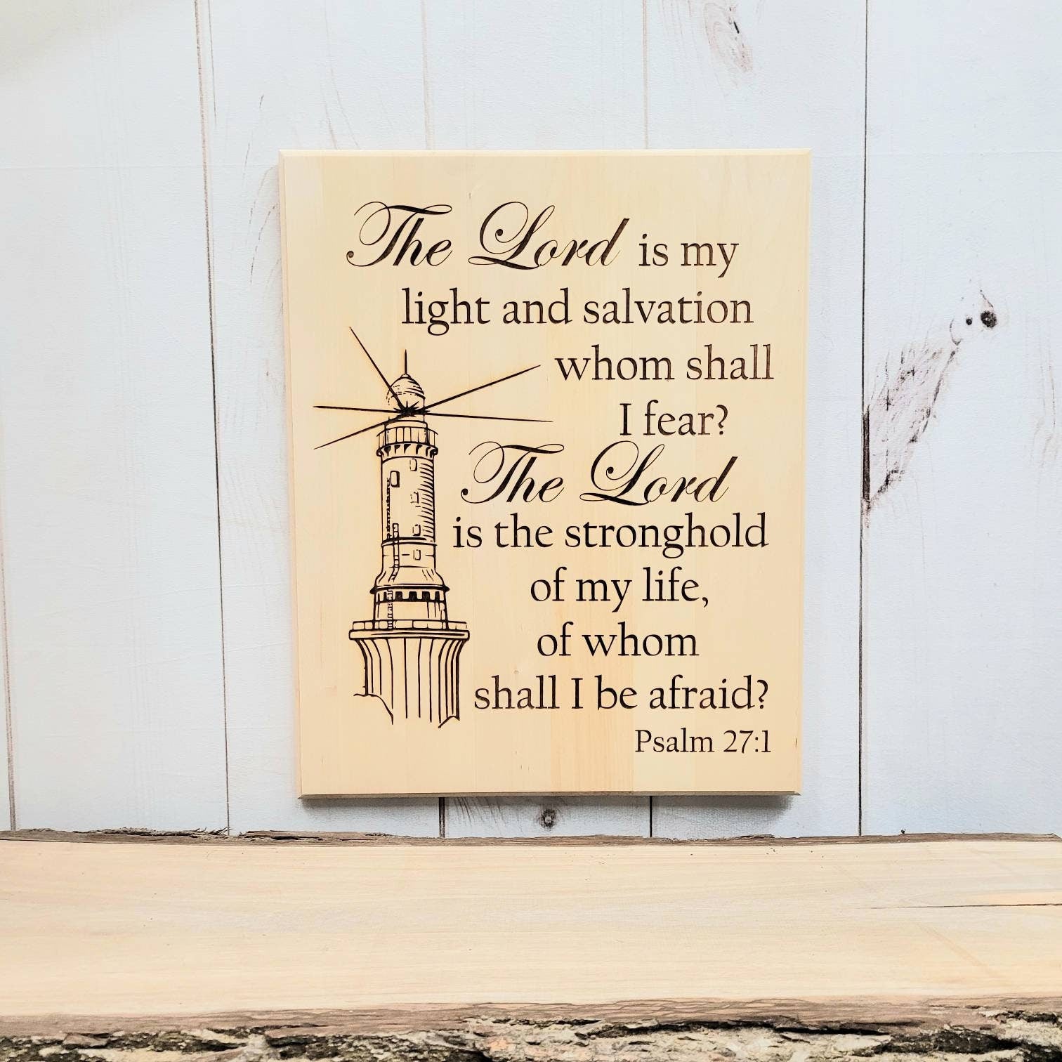 Psalm 27 Lighthouse Christian Wood Sign Wood Sign — front view on white background