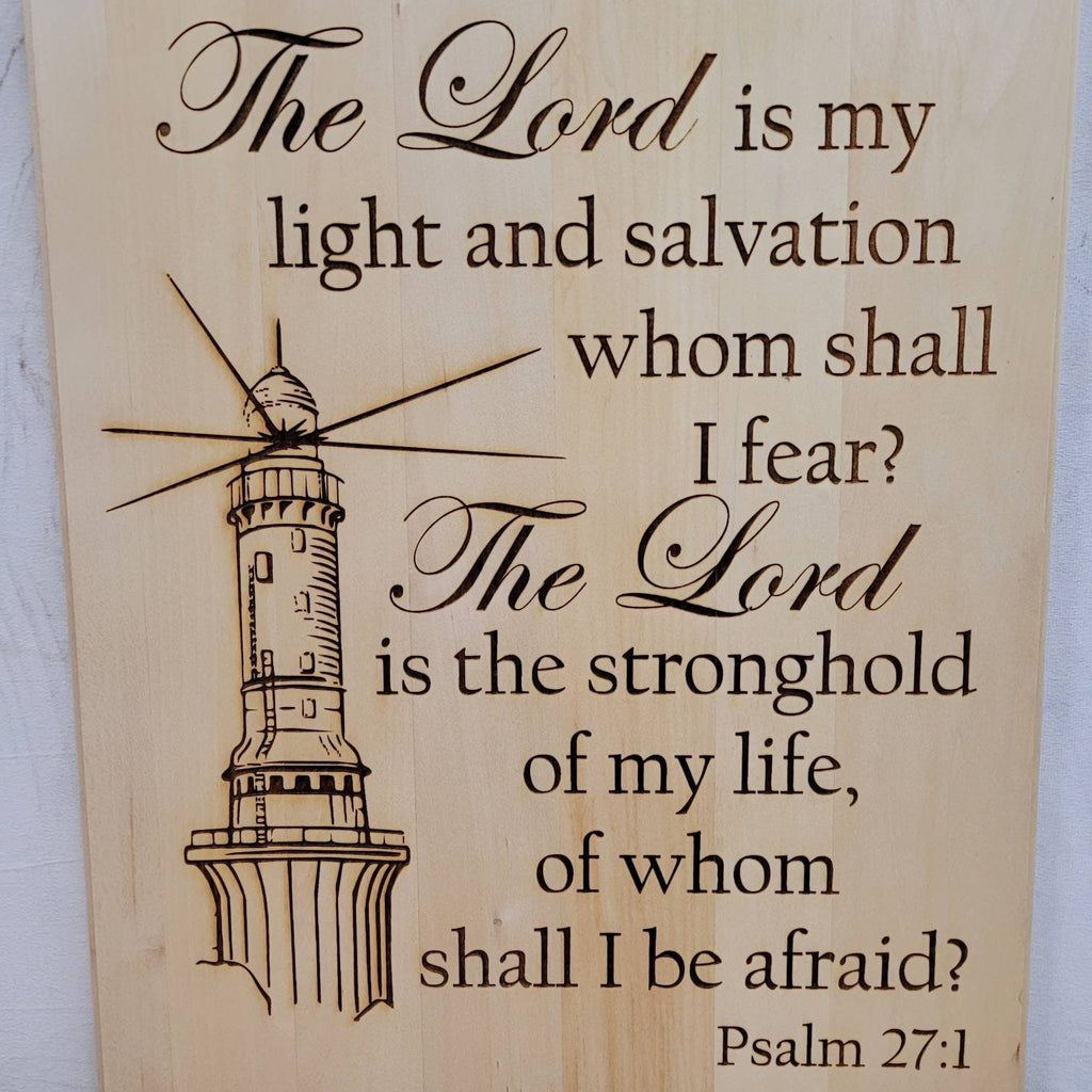 Psalm 27 Lighthouse Christian Wood Sign Wood Sign — shown on a rustic wall