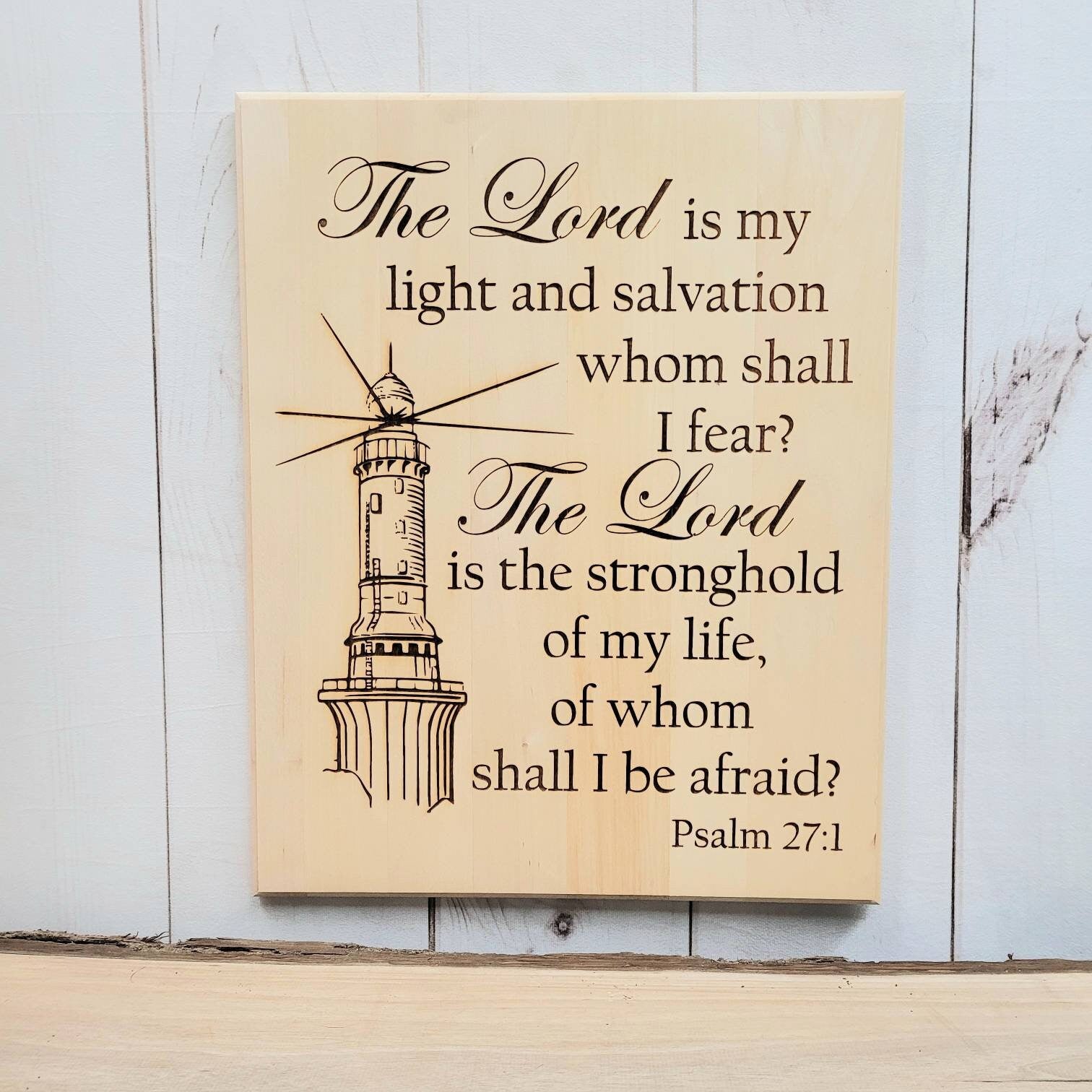 Psalm 27 Lighthouse Christian Wood Sign Wood Sign — alternate angle