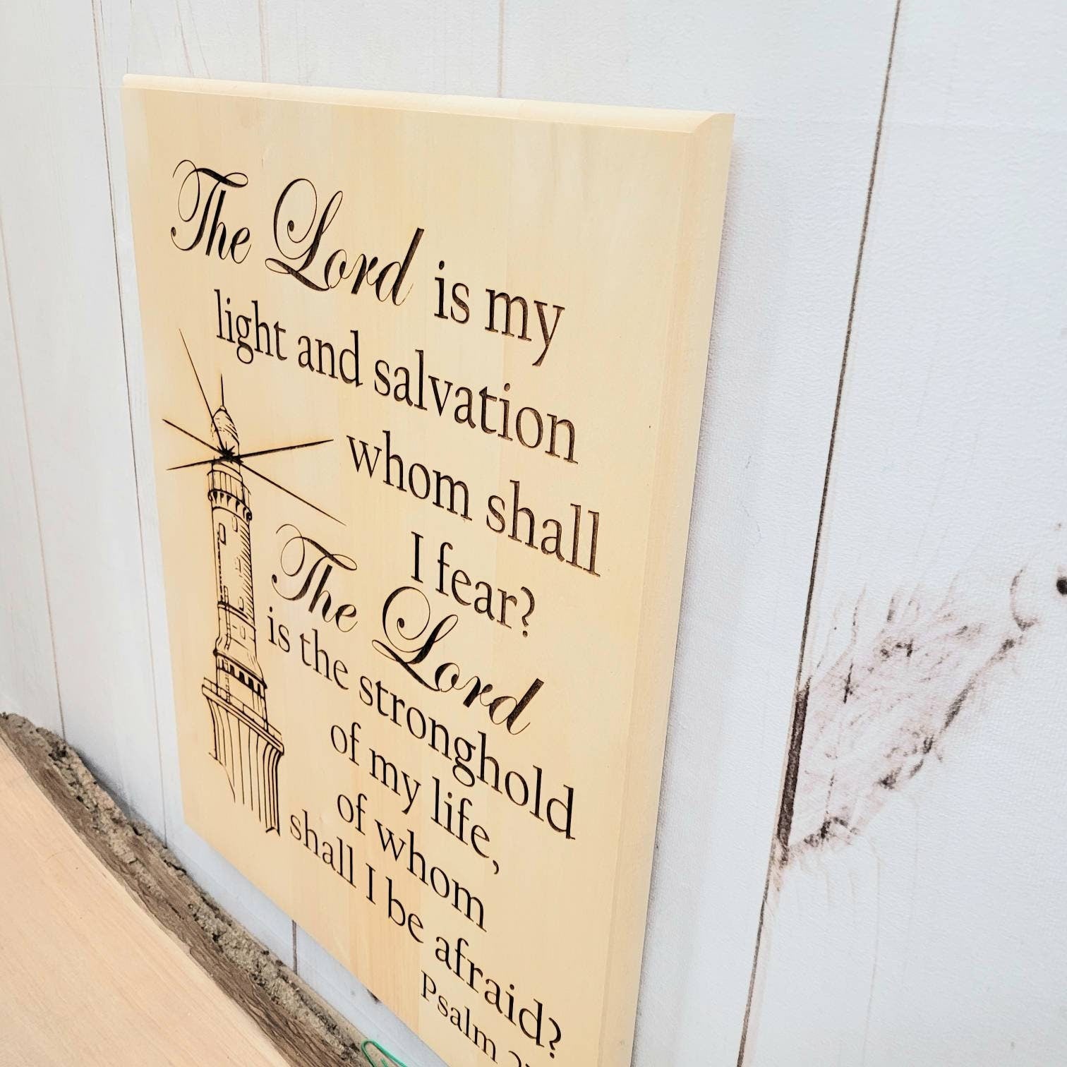 Psalm 27 Lighthouse Christian Wood Sign Wood Sign — alternate angle