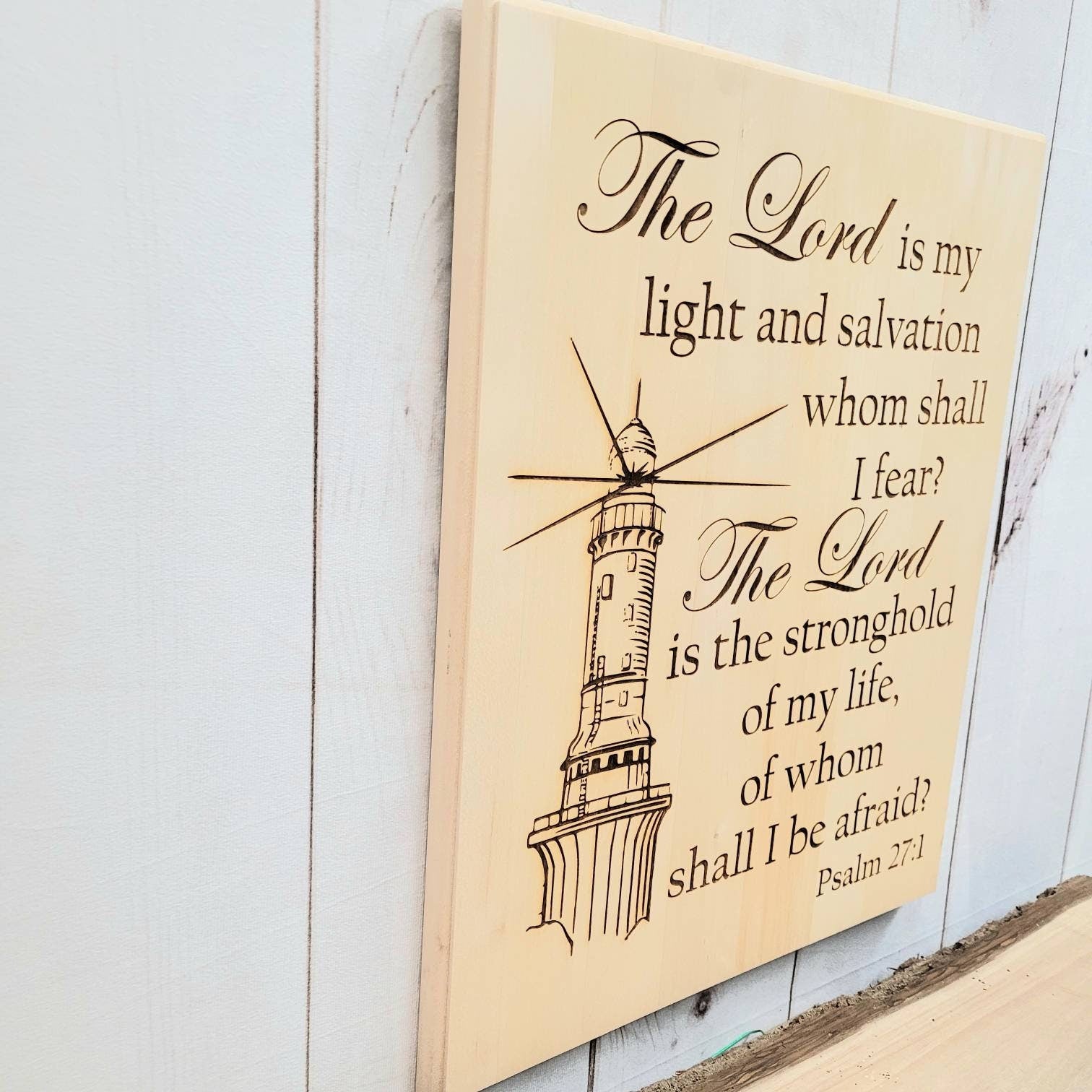 Psalm 27 Lighthouse Christian Wood Sign Wood Sign — alternate angle