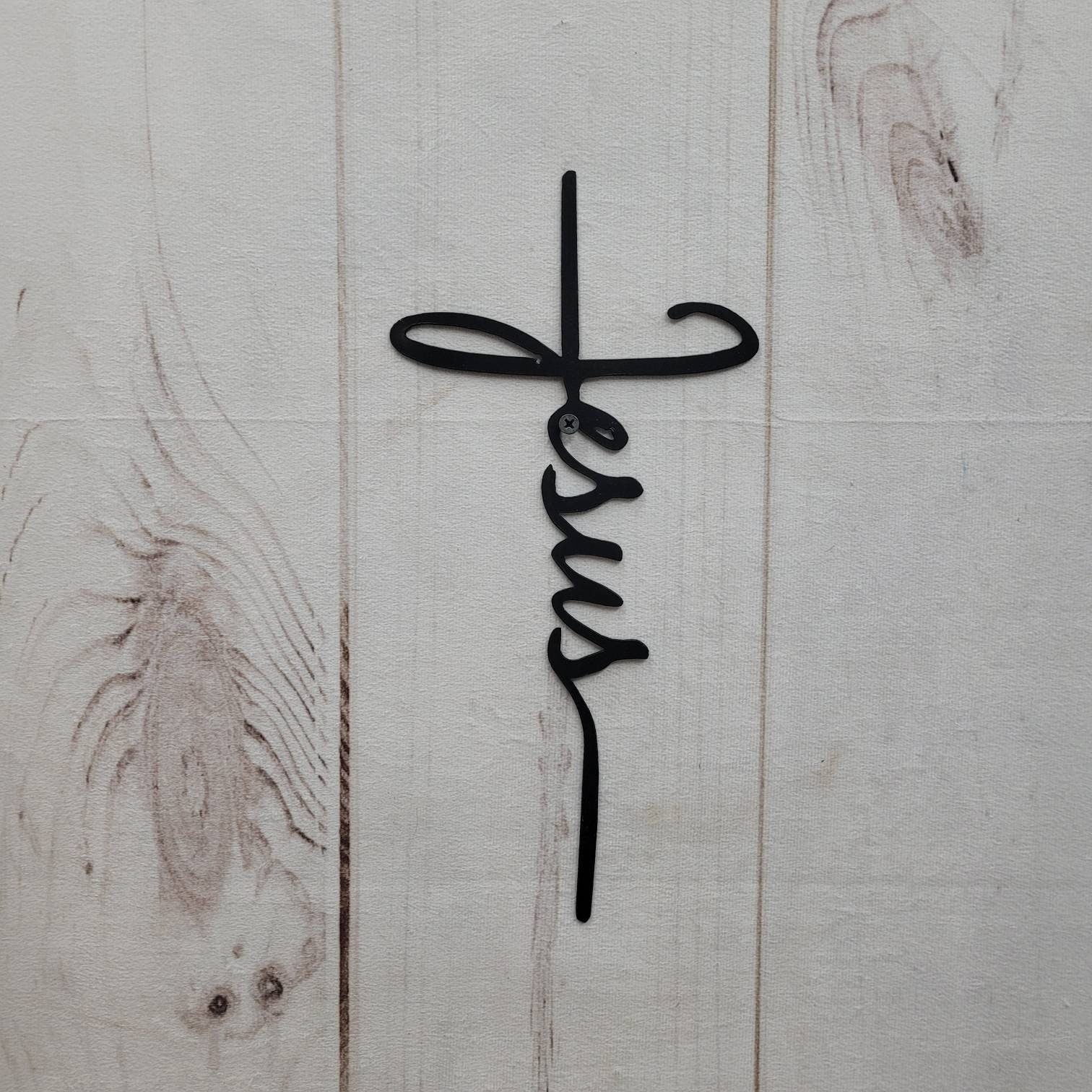 Jesus Cross Script Christian Metal Sign Aluminum Sign — shown on a rustic wall