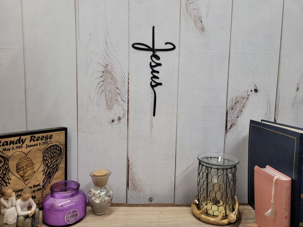Jesus Cross Script Christian Metal Sign Aluminum Sign — lifestyle setting
