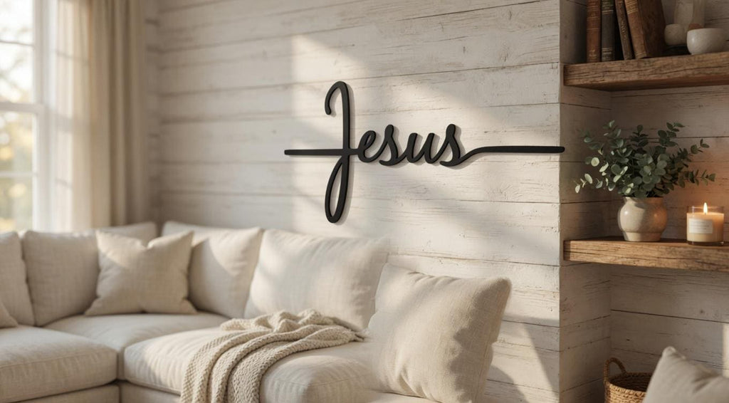 Jesus Cross Script Christian Metal Sign Aluminum Sign — alternate angle