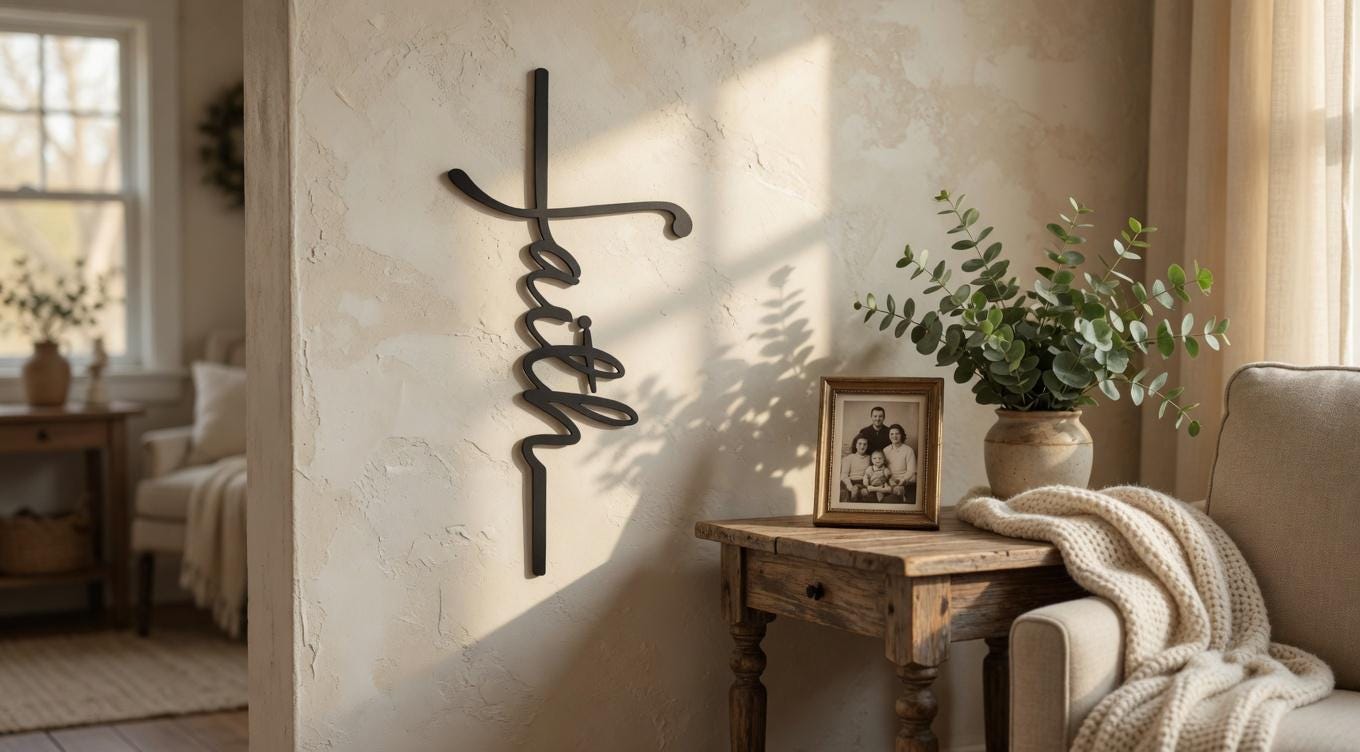 Faith Cross Script Christian Metal Sign Aluminum Sign — front view on white background