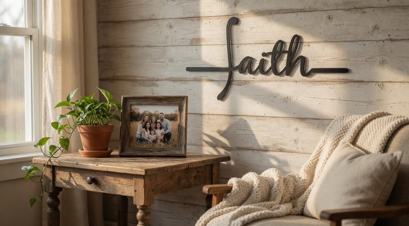 Faith Cross Script Christian Metal Sign Aluminum Sign — shown on a rustic wall