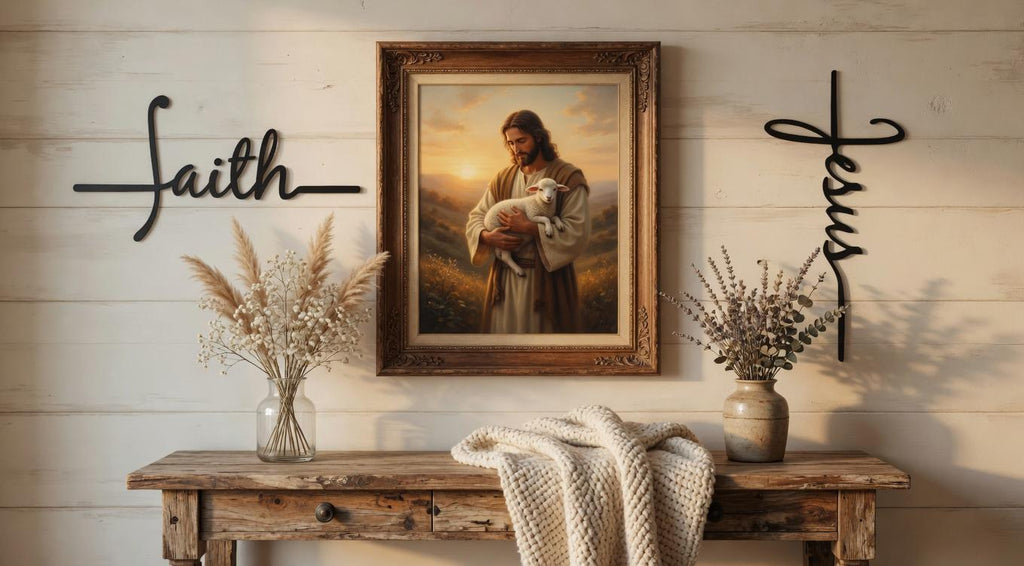 Faith Cross Script Christian Metal Sign Aluminum Sign — lifestyle setting