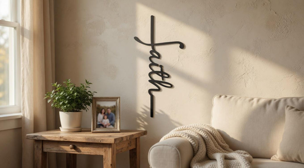 Faith Cross Script Christian Metal Sign Aluminum Sign — detail view