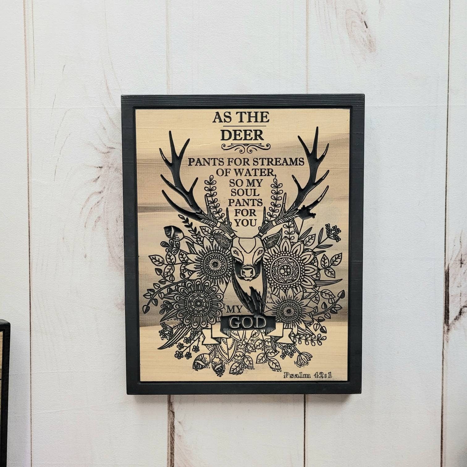 Psalm 42 Deer Christian Wood Sign Wood Sign — shown on a rustic wall