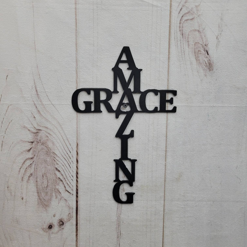Amazing Grace Cross Christian Metal Sign Aluminum Sign — shown on a rustic wall