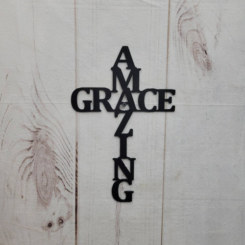 Amazing Grace Cross Christian Metal Sign Aluminum Sign — shown on a rustic wall