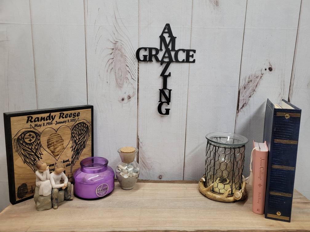 Amazing Grace Cross Christian Metal Sign Aluminum Sign — lifestyle setting