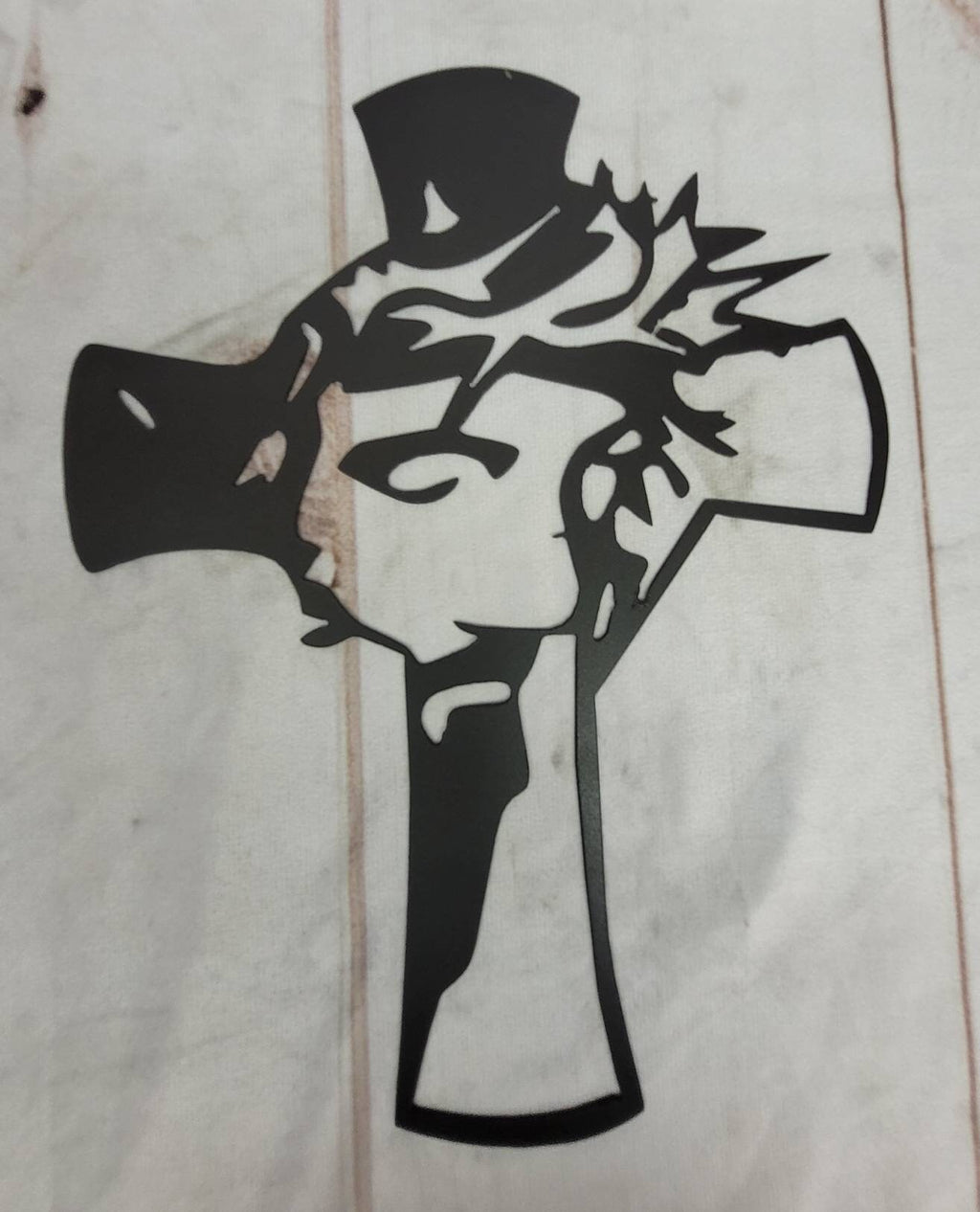 Jesus Cross Christian Metal Sign Aluminum Sign — shown on a rustic wall