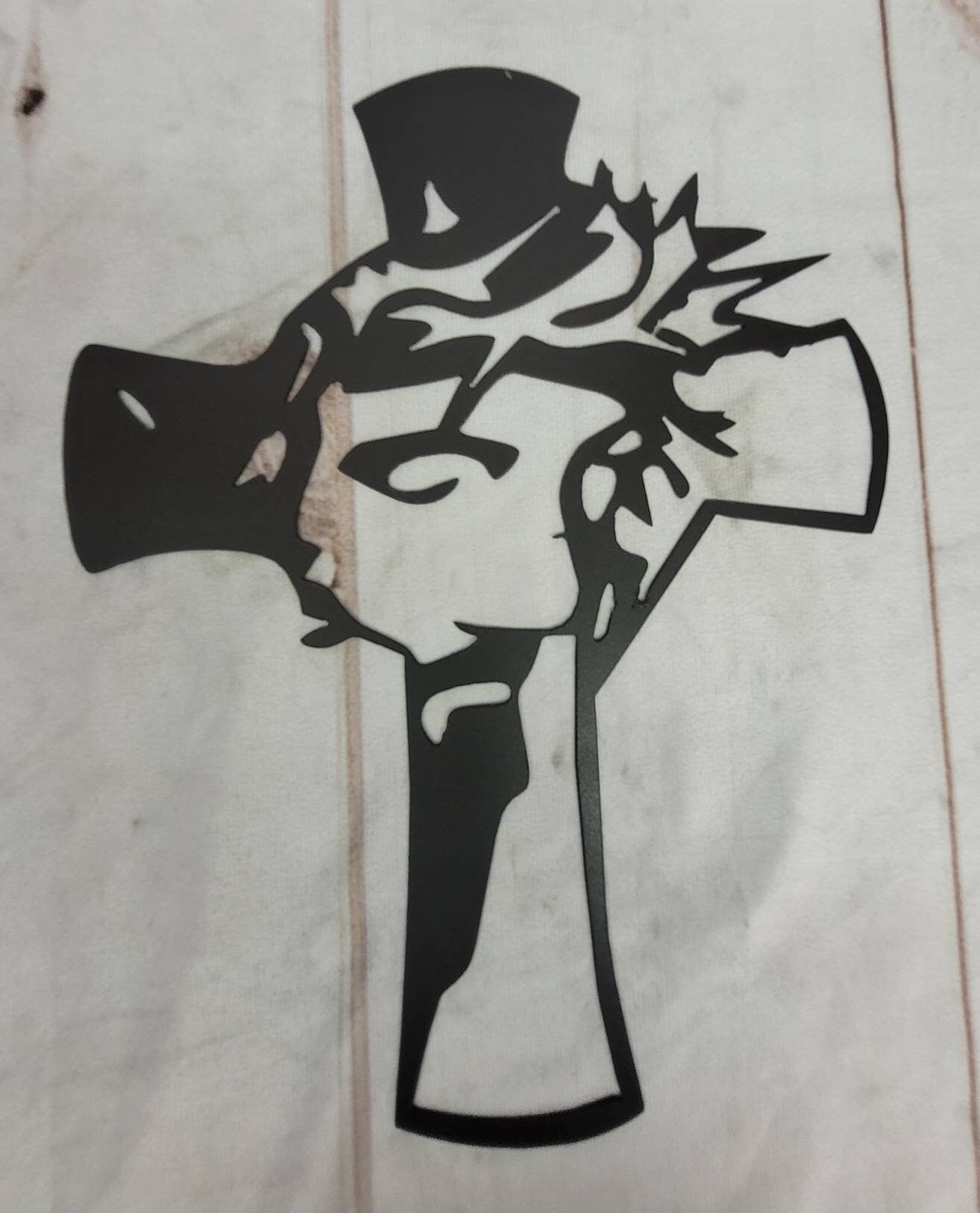 Jesus Cross Christian Metal Sign Aluminum Sign — shown on a rustic wall