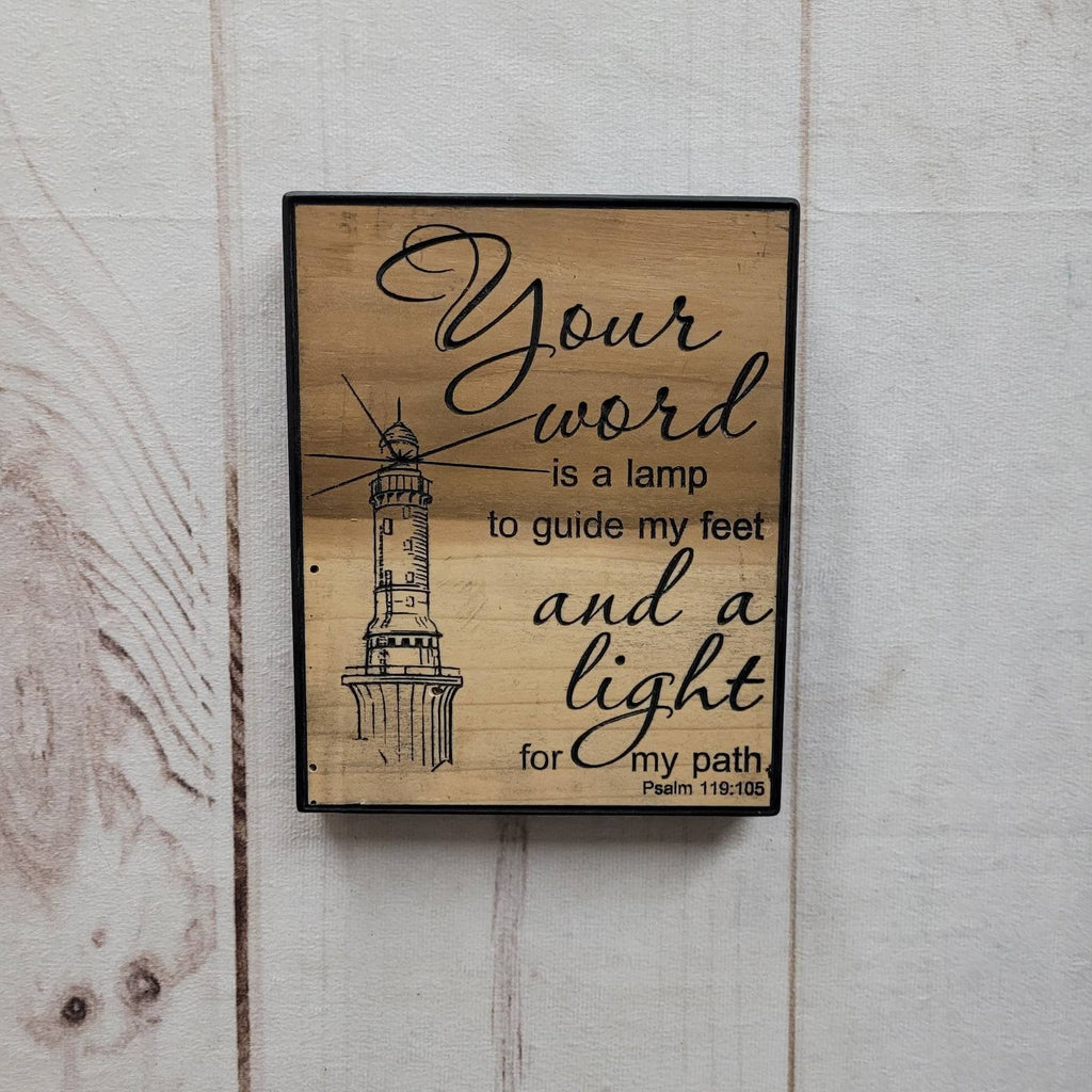 Psalm 119 Lighthouse Christian Wood Sign Wood Sign — shown on a rustic wall