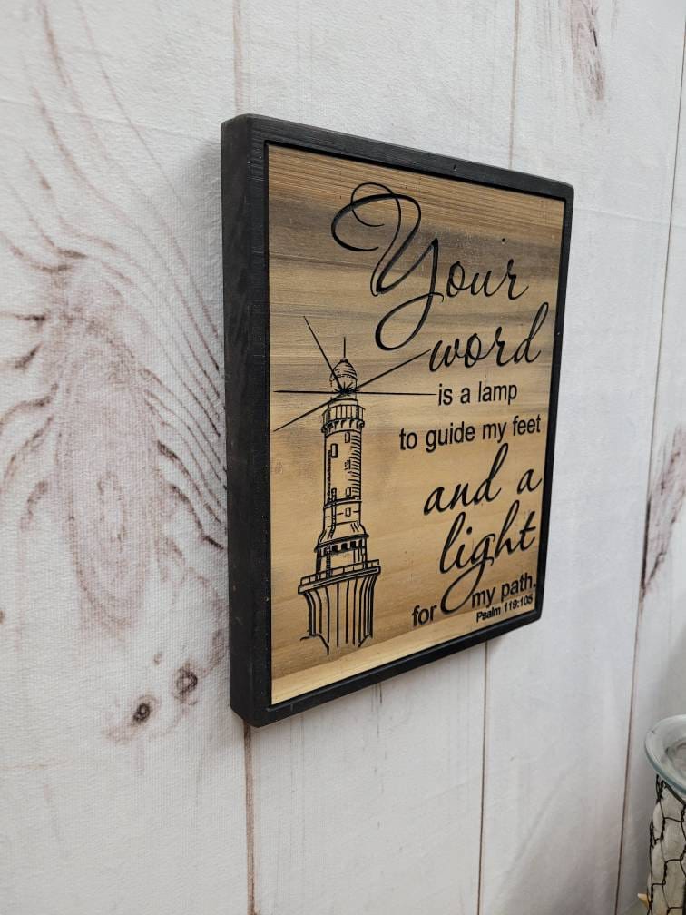 Psalm 119 Lighthouse Christian Wood Sign Wood Sign — detail view
