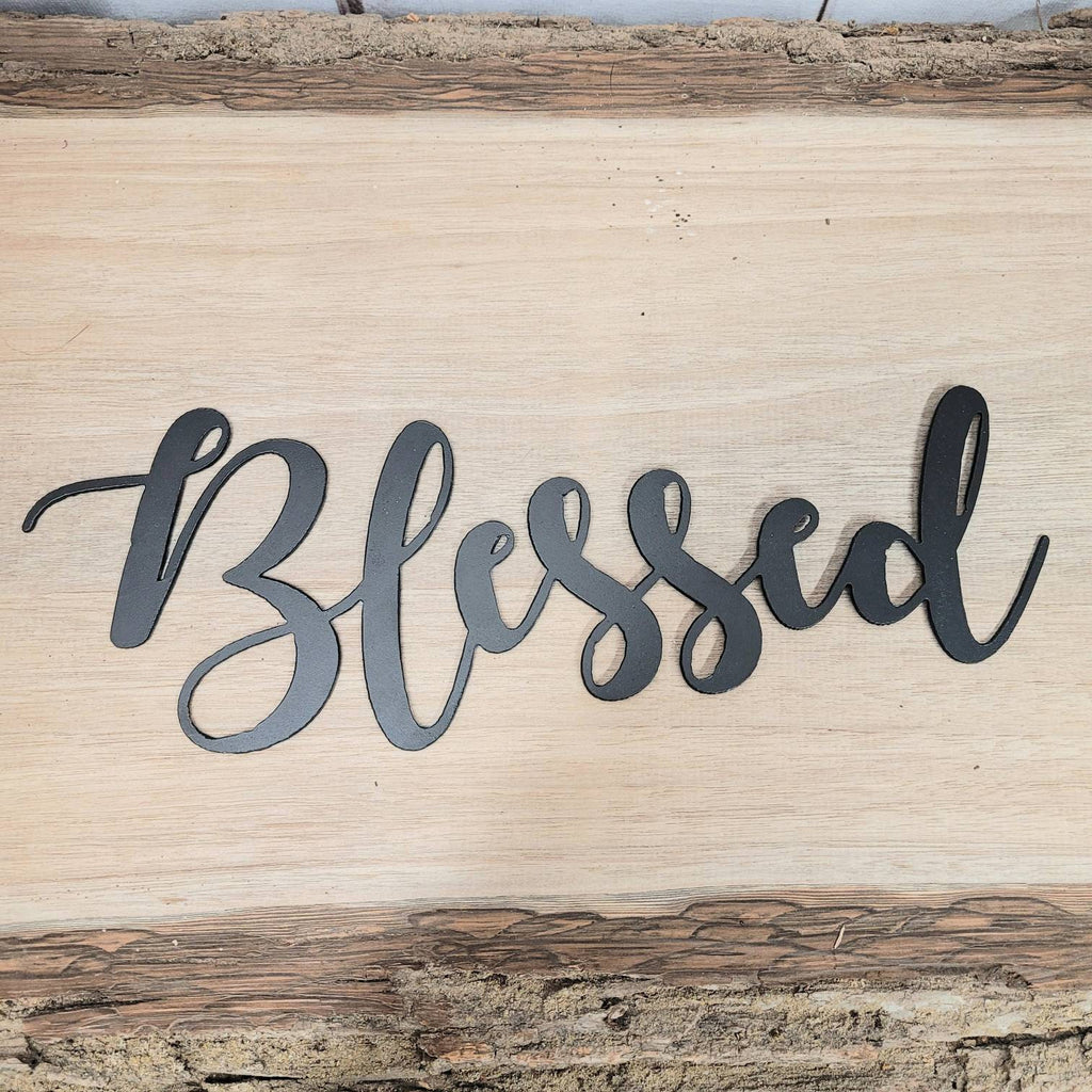 Blessed Script Christian Metal Sign Aluminum Sign — lifestyle setting