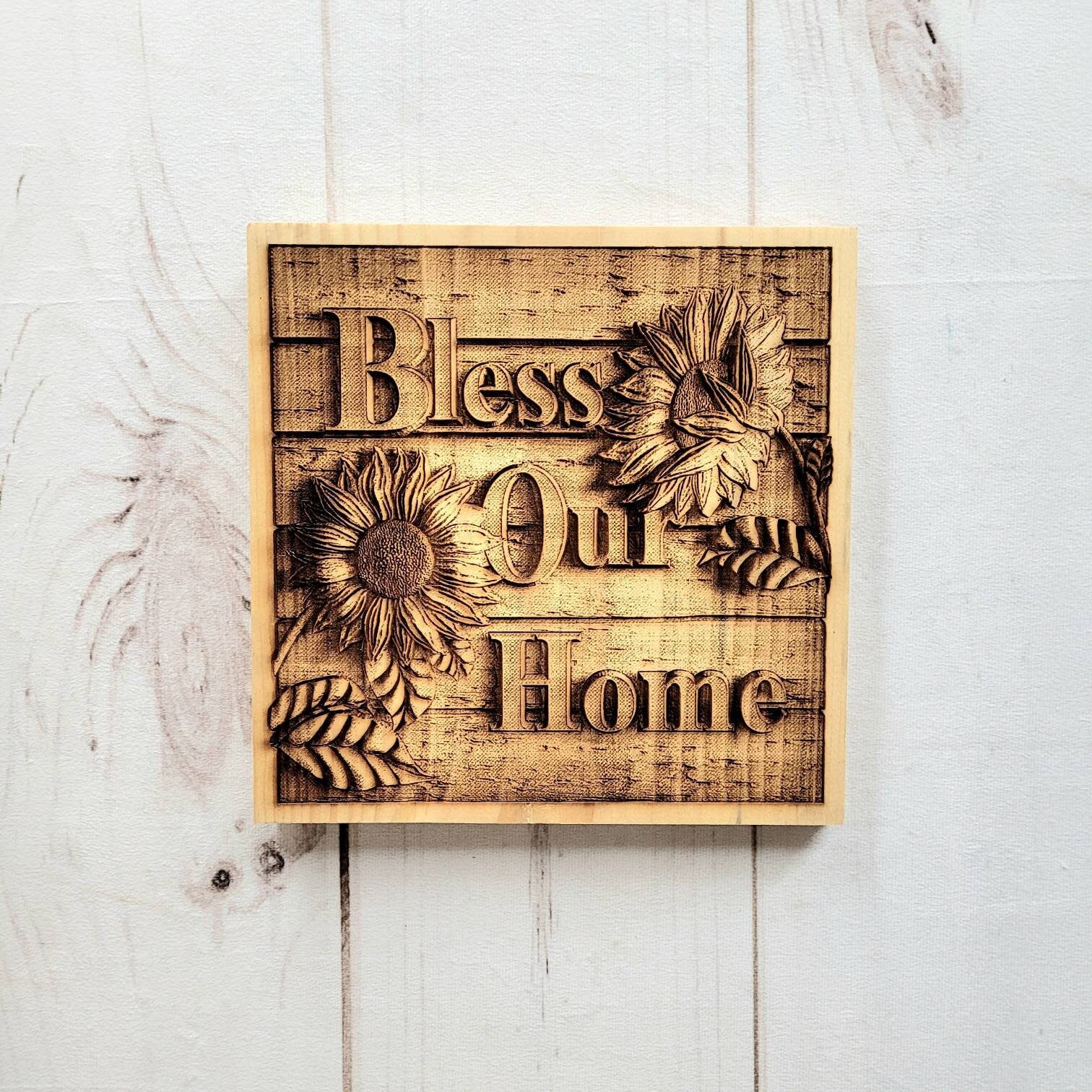 Bless Our Home Sunflower Wood Sign Wood Sign — front view on white background