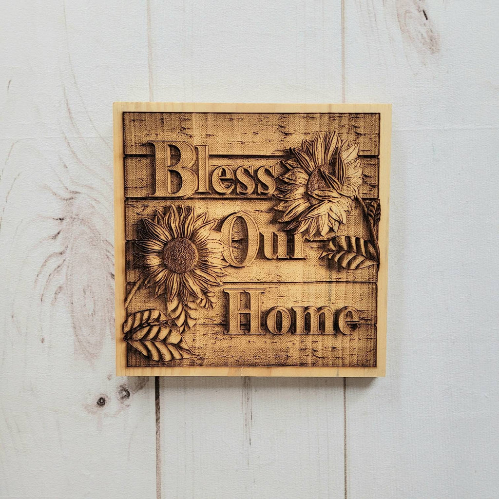 Bless Our Home Sunflower Wood Sign Wood Sign — shown on a rustic wall