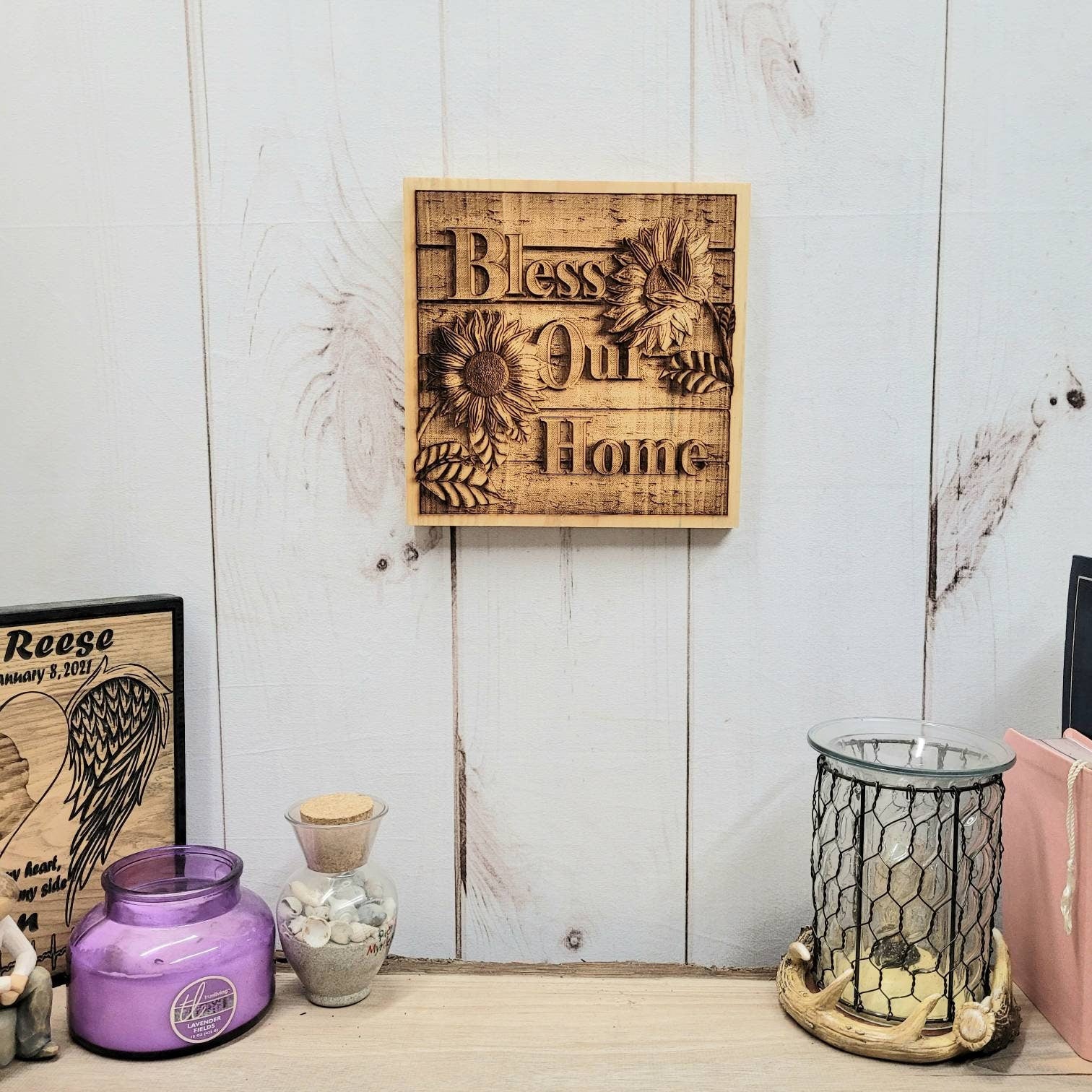 Bless Our Home Sunflower Wood Sign Wood Sign — alternate angle