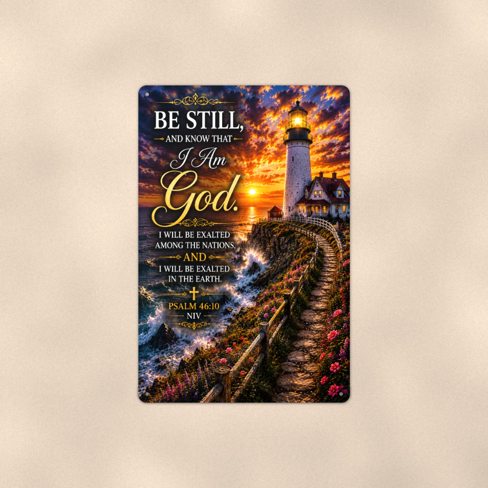 Be Still and Know Lighthouse — Psalm 46:10 aluminum metal sign 8" x 12" - front view on warm wall