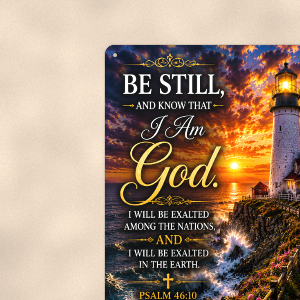 Be Still and Know Lighthouse — Psalm 46:10 aluminum metal sign 8" x 12" - close-up view of the printed artwork