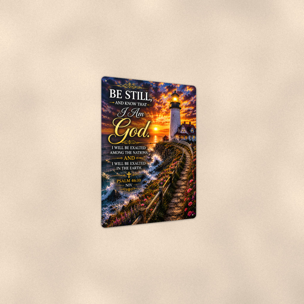 Be Still and Know Lighthouse — Psalm 46:10 aluminum metal sign 8" x 12" - angled view showing glossy finish