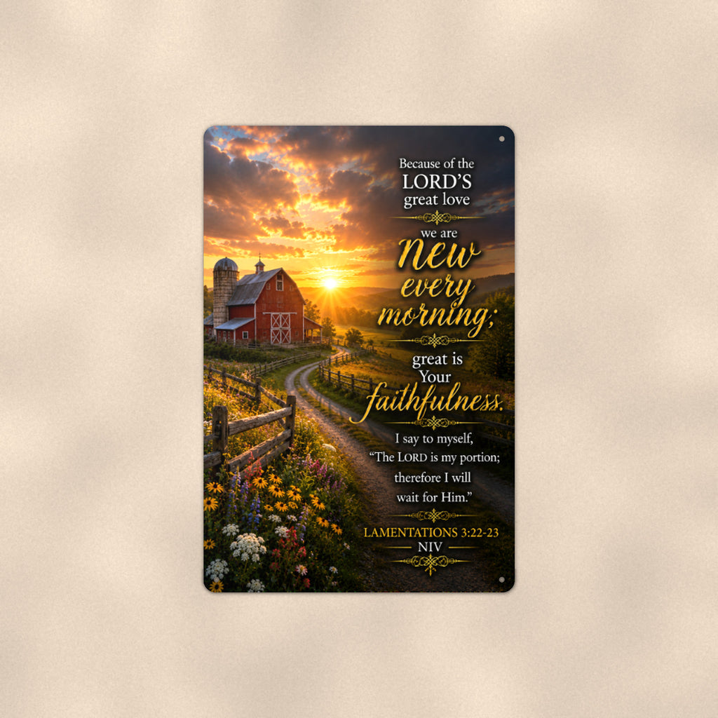 New Every Morning Farm Lane — Lamentations 3:22-23 aluminum metal sign 8" x 12" - front view on warm wall